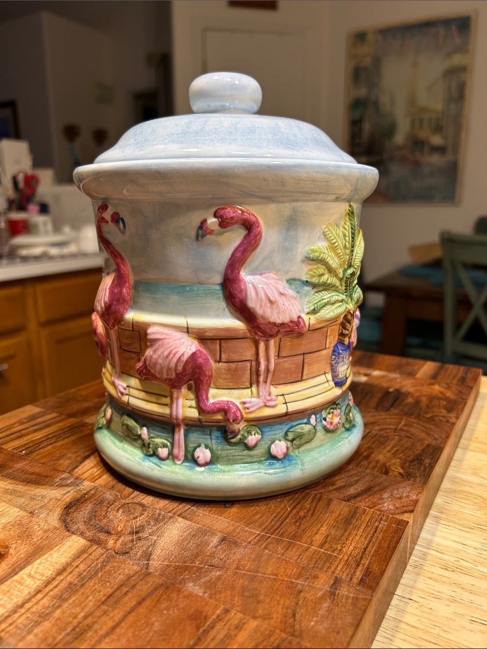Ceramic Flamingo Canister or cookie jar- Hand-Painted Pink & Blue - Picture 11 of 12